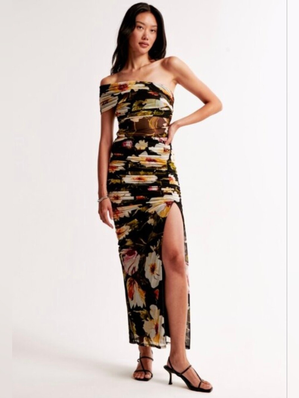 Abercrombie Off-Shoulder Black Floral Maxi Dress Ruched Thigh Slit Medium